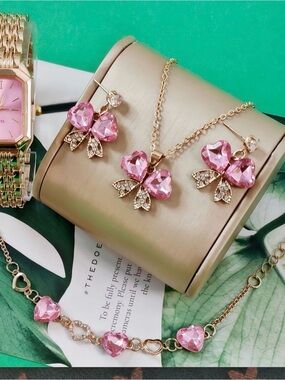 Gold-Tone Pink Crystal Bow Necklace and Earring Set - Women Jewelry